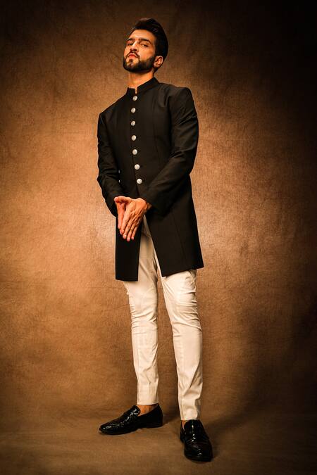 Shop_Char Chaand_Black Terrycloth Solid Sherwani With Silver Buttons _at_Aza_Fashions