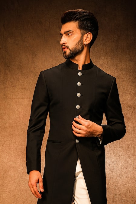 Char Chaand_Black Terrycloth Solid Sherwani With Silver Buttons _Online_at_Aza_Fashions