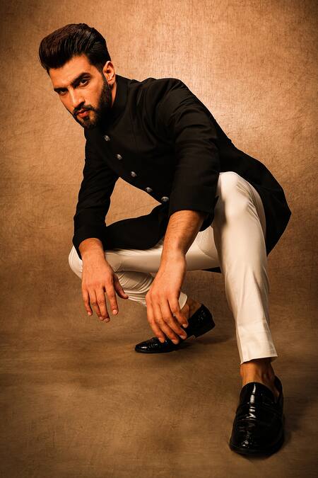 Buy_Char Chaand_Black Terrycloth Solid Sherwani With Silver Buttons _Online_at_Aza_Fashions