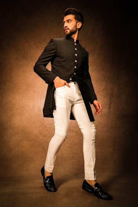 Shop_Char Chaand_Black Terrycloth Solid Sherwani With Silver Buttons _Online_at_Aza_Fashions