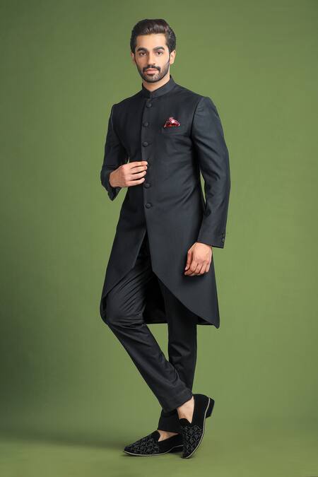Char Chaand Asymmetric Trail Solid Sherwani 