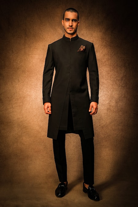 Char Chaand_Black Terrycloth Beads V Cut Hemline Sherwani _Online_at_Aza_Fashions