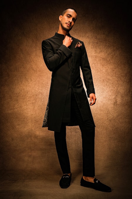 Buy_Char Chaand_Black Terrycloth Beads V Cut Hemline Sherwani _Online_at_Aza_Fashions