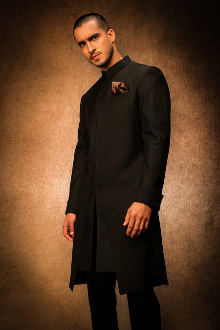 Shop_Char Chaand_Black Terrycloth Beads V Cut Hemline Sherwani _Online_at_Aza_Fashions