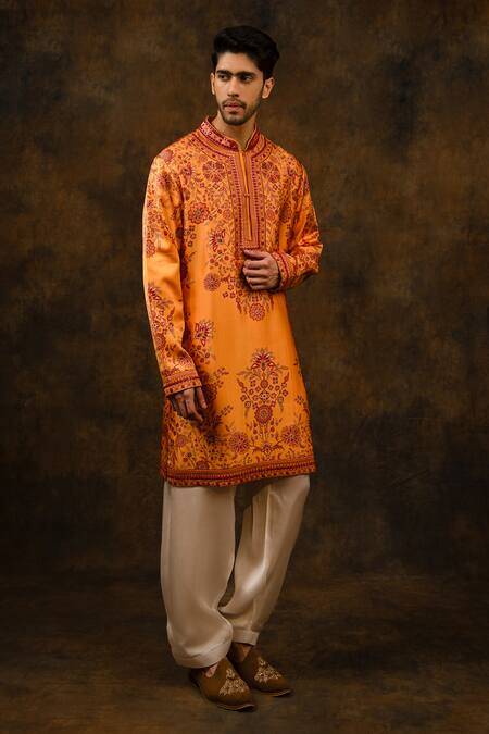 Char Chaand_Orange Satin Embroidery Floral Print Silk Kurta _Online_at_Aza_Fashions