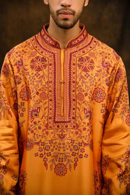 Buy_Char Chaand_Orange Satin Embroidery Floral Print Silk Kurta _Online_at_Aza_Fashions
