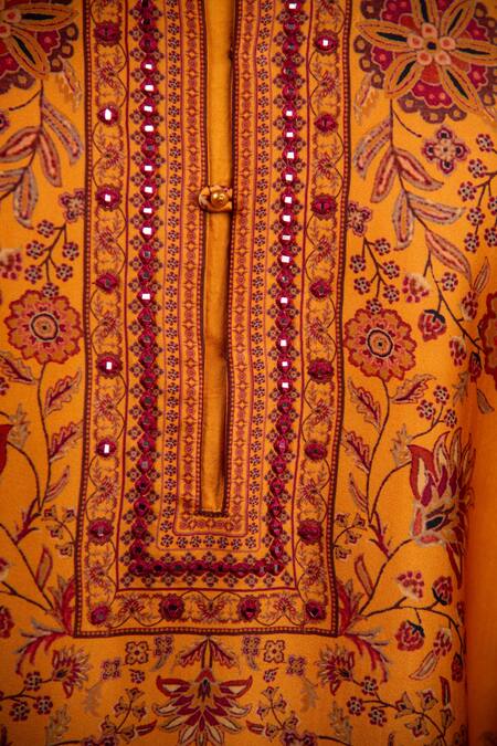 Shop_Char Chaand_Orange Satin Embroidery Floral Print Silk Kurta _Online_at_Aza_Fashions