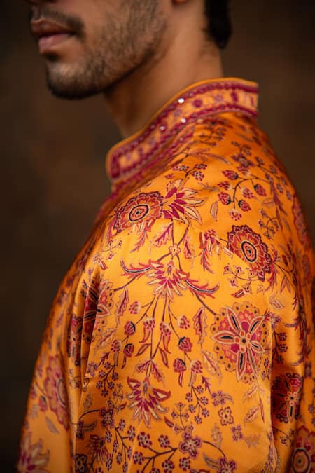 Char Chaand_Orange Satin Embroidery Floral Print Silk Kurta _at_Aza_Fashions