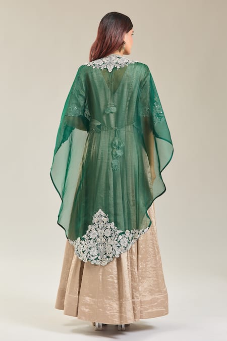 Shop Prisho Green Silk Gota Patti, Embroidery V-neck Floral Cape And Anarkali Set at Aza Fashions Shop_Prisho_Green Silk Gota Patti, Embroidery V-neck Floral Cape And Anarkali Set _at_Aza_Fashions