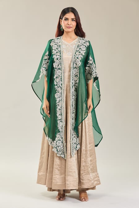 Prisho Green Silk Gota Patti, Embroidery V-neck Floral Cape And Anarkali Set Online at Aza Fashions Prisho_Green Silk Gota Patti, Embroidery V-neck Floral Cape And Anarkali Set _Online_at_Aza_Fashions