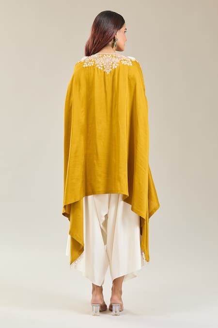 Shop Prisho Yellow Embroidery V-neck 3d Flower Kaftan And Draped Pant at Aza Fashions Shop_Prisho_Yellow Embroidery V-neck 3d Flower Kaftan And Draped Pant _at_Aza_Fashions