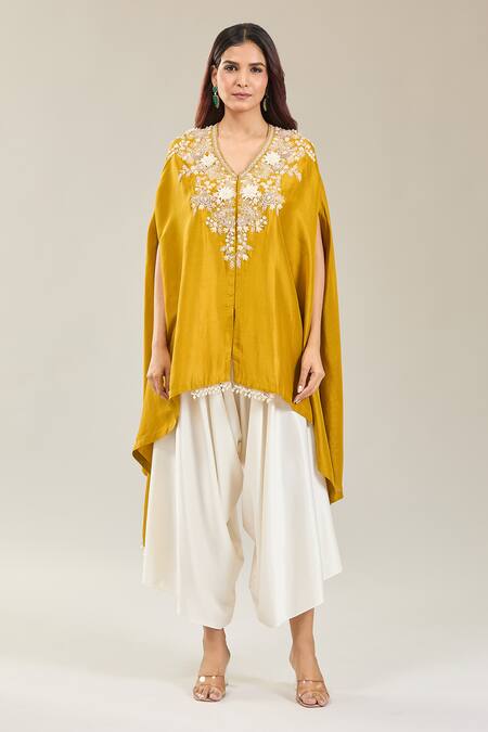 Buy Prisho Yellow Embroidery V-neck 3d Flower Kaftan And Draped Pant Buy_Prisho_Yellow Embroidery V-neck 3d Flower Kaftan And Draped Pant