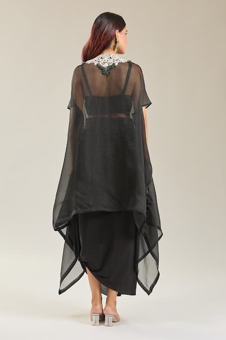 Shop Prisho Black Chiffon Beads, Embroidery Sweetheart Neck Floral Cape And Skirt Set at Aza Fashions Shop_Prisho_Black Chiffon Beads, Embroidery Sweetheart Neck Floral Cape And Skirt Set _at_Aza_Fashions