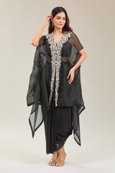 Shop Prisho Black Chiffon Beads, Embroidery Sweetheart Neck Floral Cape And Skirt Set Online at Aza Fashions Shop_Prisho_Black Chiffon Beads, Embroidery Sweetheart Neck Floral Cape And Skirt Set _Online_at_Aza_Fashions