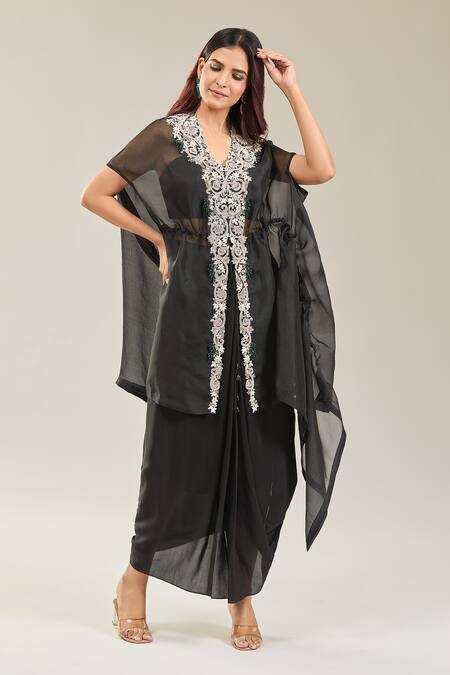 Prisho Black Chiffon Beads, Embroidery Sweetheart Neck Floral Cape And Skirt Set at Aza Fashions Prisho_Black Chiffon Beads, Embroidery Sweetheart Neck Floral Cape And Skirt Set _at_Aza_Fashions