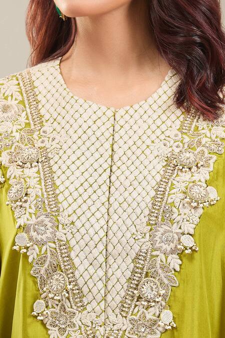 Prisho Green Silk Embroidery Round Neck Floral Resham Kaftan Set Online at Aza Fashions Prisho_Green Silk Embroidery Round Neck Floral Resham Kaftan Set _Online_at_Aza_Fashions