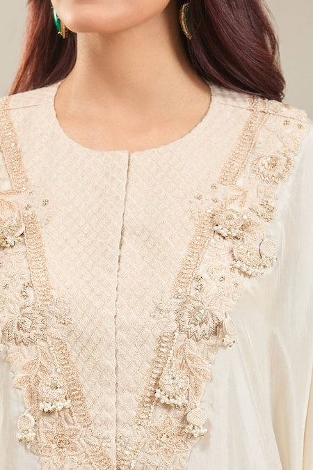 Prisho Ivory Silk Embroidery Round Neck Floral Resham Kaftan And Pant Online at Aza Fashions Prisho_Ivory Silk Embroidery Round Neck Floral Resham Kaftan And Pant _Online_at_Aza_Fashions