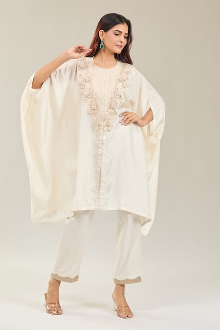 Shop Prisho Ivory Silk Embroidery Round Neck Floral Resham Kaftan And Pant Online at Aza Fashions Shop_Prisho_Ivory Silk Embroidery Round Neck Floral Resham Kaftan And Pant _Online_at_Aza_Fashions
