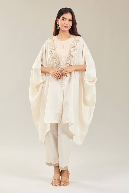 Prisho Ivory Silk Embroidery Round Neck Floral Resham Kaftan And Pant at Aza Fashions Prisho_Ivory Silk Embroidery Round Neck Floral Resham Kaftan And Pant _at_Aza_Fashions