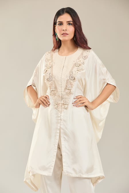 Buy Prisho Ivory Silk Embroidery Round Neck Floral Resham Kaftan And Pant Buy_Prisho_Ivory Silk Embroidery Round Neck Floral Resham Kaftan And Pant