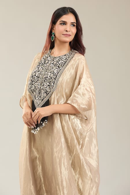 Buy_Prisho_Cream Silk, Cotton Tassels Round Neck Floral Embroidered Kaftan And Pant Set _Online_at_Aza_Fashions