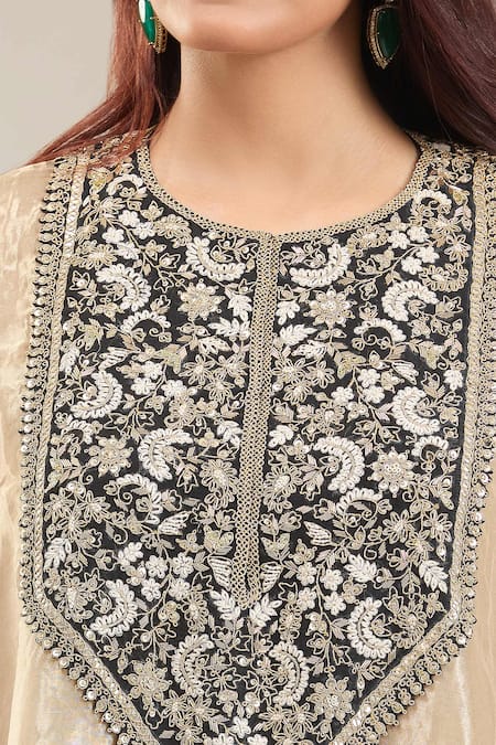 Shop_Prisho_Cream Silk, Cotton Tassels Round Neck Floral Embroidered Kaftan And Pant Set _Online_at_Aza_Fashions