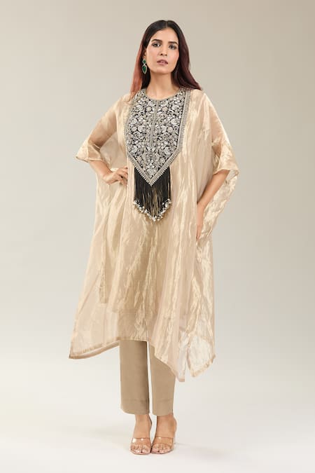 Prisho_Cream Silk, Cotton Tassels Round Neck Floral Embroidered Kaftan And Pant Set _at_Aza_Fashions