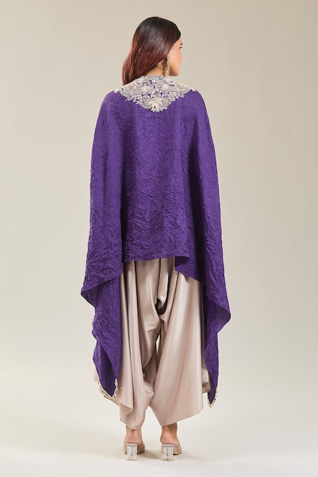 Shop Prisho Purple Chiffon, Cotton Embroidery Collared Lampi Kaftan And Draped Pant Set at Aza Fashions Shop_Prisho_Purple Chiffon, Cotton Embroidery Collared Lampi Kaftan And Draped Pant Set _at_Aza_Fashions