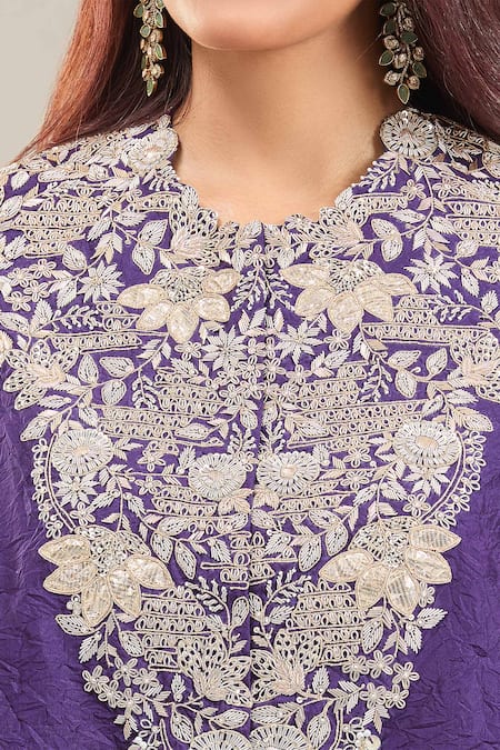 Prisho Purple Chiffon, Cotton Embroidery Collared Lampi Kaftan And Draped Pant Set Online at Aza Fashions Prisho_Purple Chiffon, Cotton Embroidery Collared Lampi Kaftan And Draped Pant Set _Online_at_Aza_Fashions