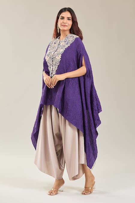 Shop Prisho Purple Chiffon, Cotton Embroidery Collared Lampi Kaftan And Draped Pant Set Online at Aza Fashions Shop_Prisho_Purple Chiffon, Cotton Embroidery Collared Lampi Kaftan And Draped Pant Set _Online_at_Aza_Fashions