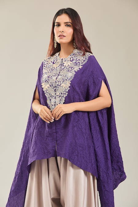 Prisho Purple Chiffon, Cotton Embroidery Collared Lampi Kaftan And Draped Pant Set at Aza Fashions Prisho_Purple Chiffon, Cotton Embroidery Collared Lampi Kaftan And Draped Pant Set _at_Aza_Fashions
