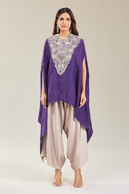 Buy Prisho Purple Chiffon, Cotton Embroidery Collared Lampi Kaftan And Draped Pant Set Buy_Prisho_Purple Chiffon, Cotton Embroidery Collared Lampi Kaftan And Draped Pant Set