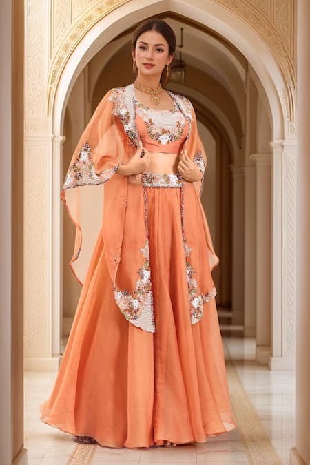 Prisho Thread Embroidered Cape With Lehenga Set 