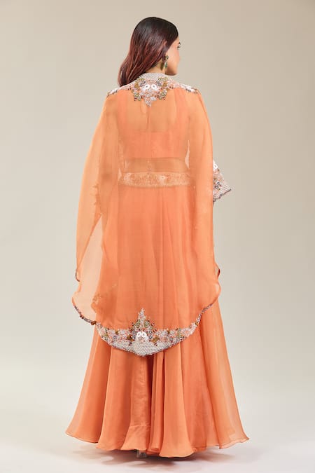 Shop Prisho Orange Chiffon Embroidery Round Neck Thread Cape And Lehenga Set at Aza Fashions Shop_Prisho_Orange Chiffon Embroidery Round Neck Thread Cape And Lehenga Set _at_Aza_Fashions