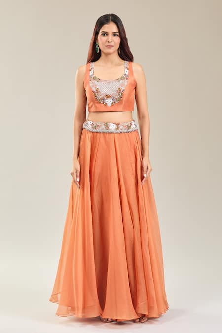 Prisho Orange Chiffon Embroidery Round Neck Thread Cape And Lehenga Set Online at Aza Fashions Prisho_Orange Chiffon Embroidery Round Neck Thread Cape And Lehenga Set _Online_at_Aza_Fashions