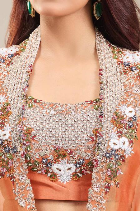 Buy Prisho Orange Chiffon Embroidery Round Neck Thread Cape And Lehenga Set Online at Aza Fashions Buy_Prisho_Orange Chiffon Embroidery Round Neck Thread Cape And Lehenga Set _Online_at_Aza_Fashions