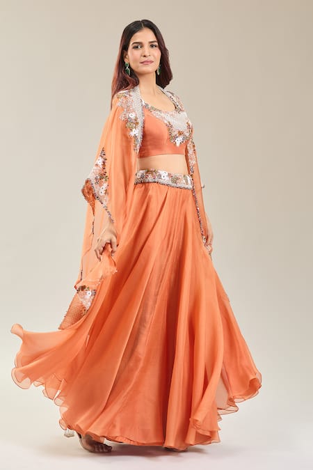 Shop Prisho Orange Chiffon Embroidery Round Neck Thread Cape And Lehenga Set Online at Aza Fashions Shop_Prisho_Orange Chiffon Embroidery Round Neck Thread Cape And Lehenga Set _Online_at_Aza_Fashions