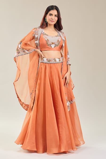 Prisho Orange Chiffon Embroidery Round Neck Thread Cape And Lehenga Set at Aza Fashions Prisho_Orange Chiffon Embroidery Round Neck Thread Cape And Lehenga Set _at_Aza_Fashions