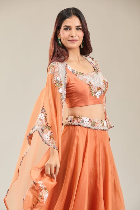 Buy Prisho Orange Chiffon Embroidery Round Neck Thread Cape And Lehenga Set Buy_Prisho_Orange Chiffon Embroidery Round Neck Thread Cape And Lehenga Set