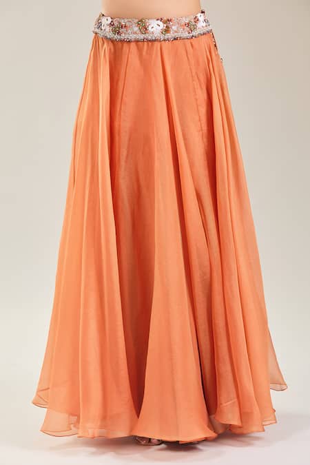 Shop Prisho Orange Chiffon Embroidery Round Neck Thread Cape And Lehenga Set Shop_Prisho_Orange Chiffon Embroidery Round Neck Thread Cape And Lehenga Set