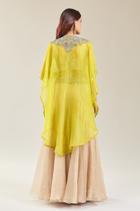 Shop Prisho Green Tissue Embroidery Round Neck Botanical Thread Cape And Lehenga Set at Aza Fashions Shop_Prisho_Green Tissue Embroidery Round Neck Botanical Thread Cape And Lehenga Set _at_Aza_Fashions