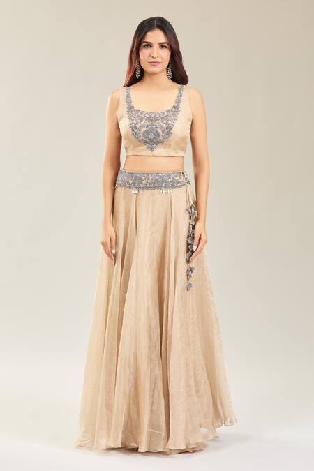 Prisho Green Tissue Embroidery Round Neck Botanical Thread Cape And Lehenga Set Online at Aza Fashions Prisho_Green Tissue Embroidery Round Neck Botanical Thread Cape And Lehenga Set _Online_at_Aza_Fashions