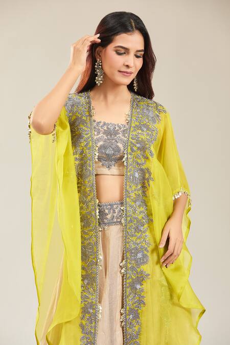 Buy Prisho Green Tissue Embroidery Round Neck Botanical Thread Cape And Lehenga Set Online at Aza Fashions Buy_Prisho_Green Tissue Embroidery Round Neck Botanical Thread Cape And Lehenga Set _Online_at_Aza_Fashions