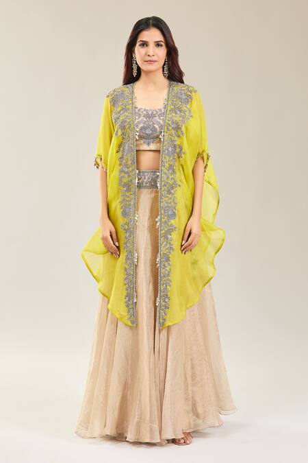 Shop Prisho Green Tissue Embroidery Round Neck Botanical Thread Cape And Lehenga Set Online at Aza Fashions Shop_Prisho_Green Tissue Embroidery Round Neck Botanical Thread Cape And Lehenga Set _Online_at_Aza_Fashions