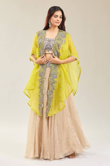 Prisho Green Tissue Embroidery Round Neck Botanical Thread Cape And Lehenga Set at Aza Fashions Prisho_Green Tissue Embroidery Round Neck Botanical Thread Cape And Lehenga Set _at_Aza_Fashions