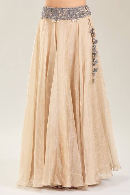 Buy Prisho Green Tissue Embroidery Round Neck Botanical Thread Cape And Lehenga Set Buy_Prisho_Green Tissue Embroidery Round Neck Botanical Thread Cape And Lehenga Set