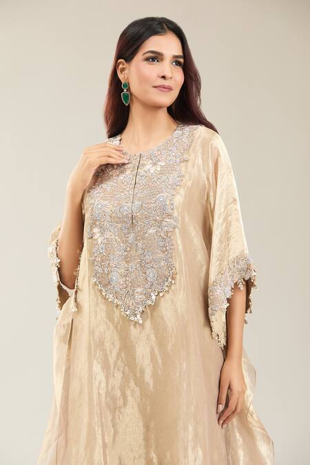 Buy_Prisho_Cream Tissue Embroidery Round Neck Floral Kaftan Set _Online_at_Aza_Fashions
