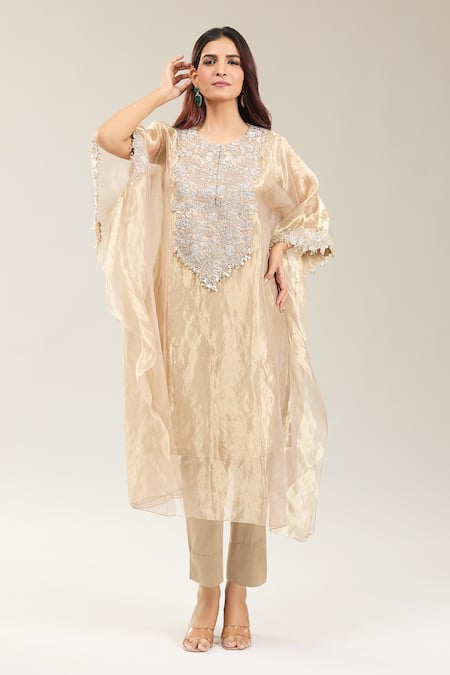 Prisho_Cream Tissue Embroidery Round Neck Floral Kaftan Set _at_Aza_Fashions