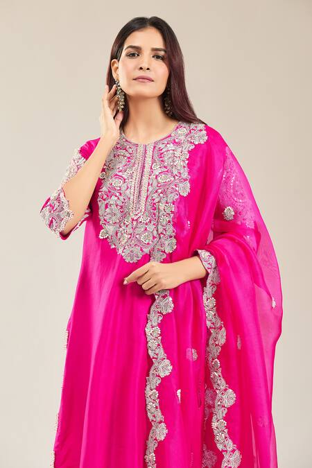Prisho Pink Cotton, Chiffon, Georgette Embroidery, Gota Patti Round Floral Kurta Set Online at Aza Fashions Prisho_Pink Cotton, Chiffon, Georgette Embroidery, Gota Patti Round Floral Kurta Set _Online_at_Aza_Fashions