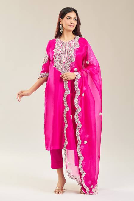 Shop Prisho Pink Cotton, Chiffon, Georgette Embroidery, Gota Patti Round Floral Kurta Set Online at Aza Fashions Shop_Prisho_Pink Cotton, Chiffon, Georgette Embroidery, Gota Patti Round Floral Kurta Set _Online_at_Aza_Fashions